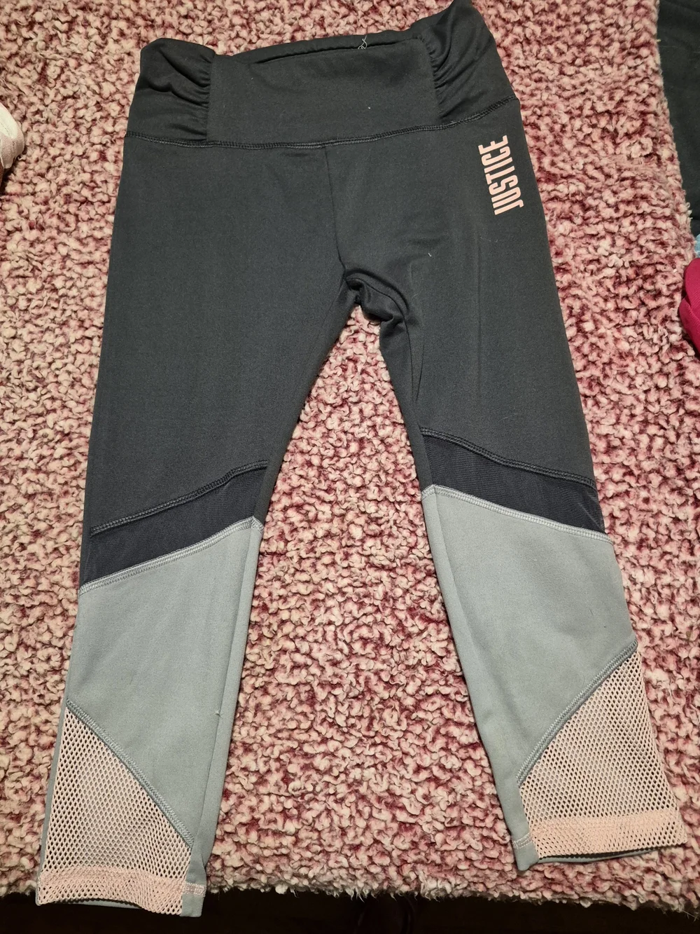 Justice Girls' Black and Grey Active Leggings with Pink Logo